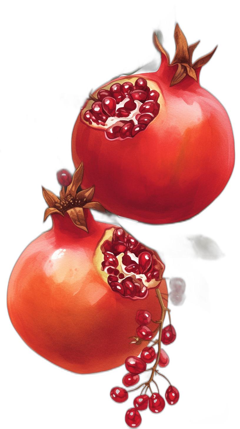 two pomegranates, cut in half with seeds and red berries hanging from the opening of each one, digital illustration, vector art on black background, hyper realistic watercolor painting, clipart design, highly detailed, high resolution