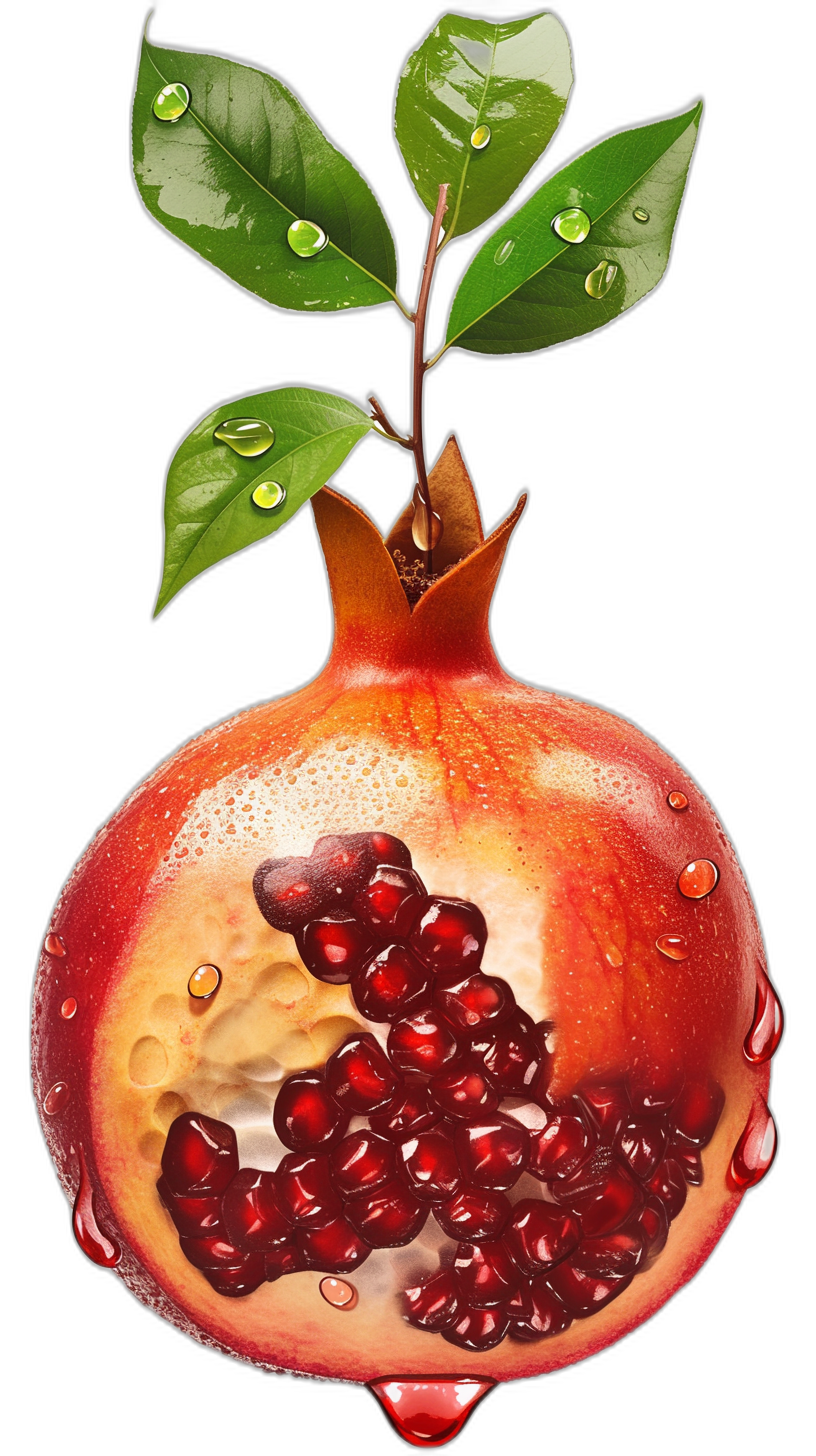 An illustration of pomegranate with leaves and water drops on a black background, in the style of ultra realistic photography.