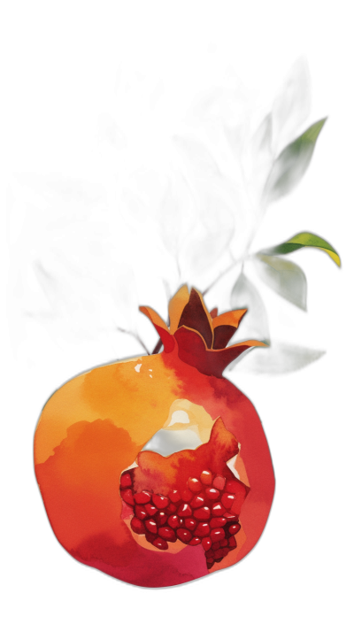 A pomegranate with half of its top skin torn off, vector illustration, solid black background, warm colors, in the style of [Atey Ghailan](https://goo.gl/search?artist%20Atey%20Ghailan) and [Mary Blair](https://goo.gl/search?artist%20Mary%20Blair)