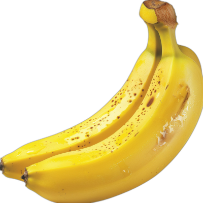 A photorealistic banana, isolated on a black background, with detailed textures and a vibrant yellow color. The banana appears to be in the middle of an action pose, as if it was just cut or thrown into place. It has some imperfections like small spots and not perfectly straight edges. This is a close-up shot that captures every detail and texture of the banana, making it look almost real. It's a high-quality photograph that could highlight any creative project in the style of a photograph.