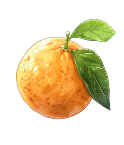 Illustration of an orange with a leaf on a black background, in the vector style, digital art graphic design, digital drawing, 2D game asset, at a 45 degree angle.