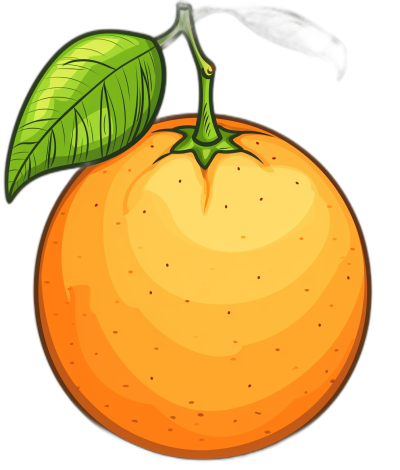 Cartoon vector illustration of an orange with a leaf on top, in the clip art style with simple lines, in the cartoon style, on a solid black background, high resolution, logo, sticker, without shadows, with high detail, in the vector graphics style, colorful, high quality, high definition, high resolution.