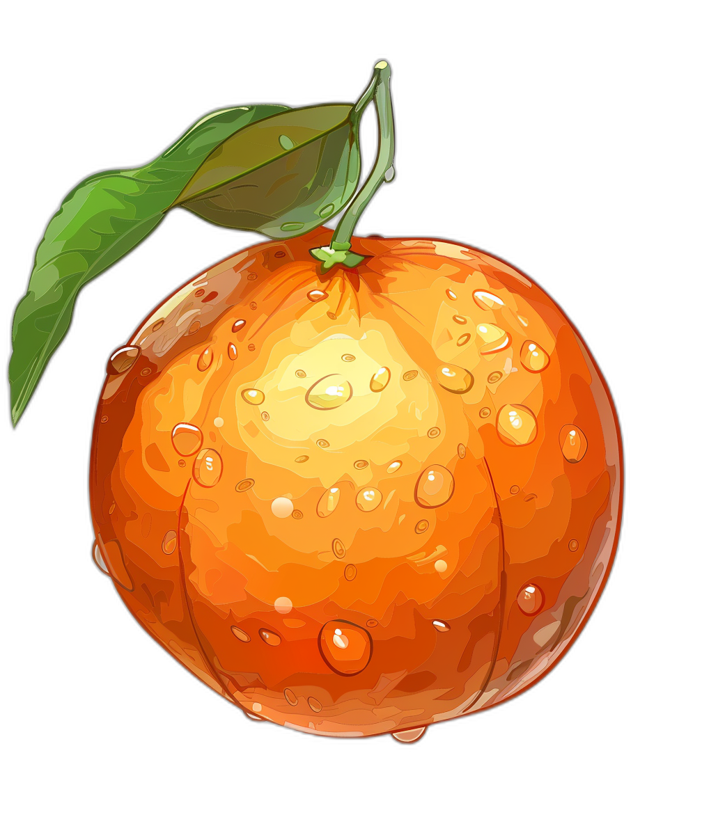 Cartoon vector illustration of an orange, in the vector art style on a black background, with a simple design and few details, including droplets and leaves, featuring vibrant colors, at a high resolution