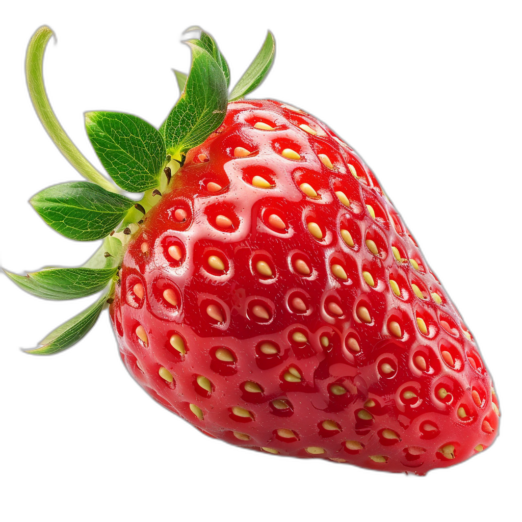 A realistic strawberry, isolated on black background, high resolution photography, insanely detailed