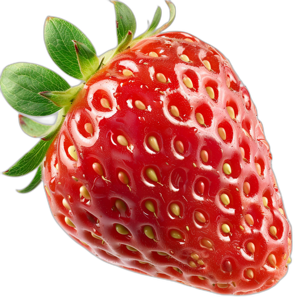 A close-up photo of the strawberry, ultra-realistic, high resolution and with high detail, with a black background.