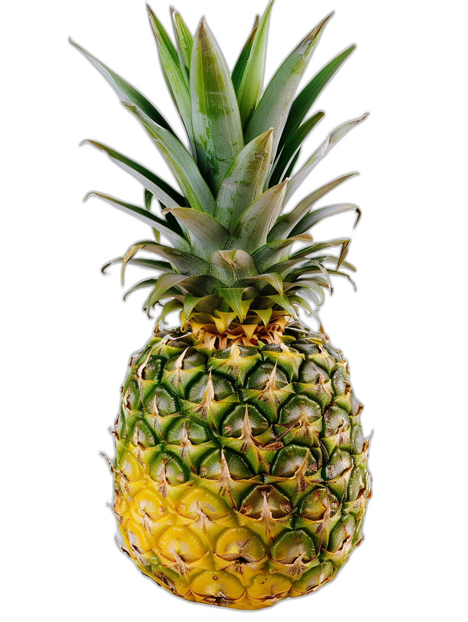 A pineapple, front view, isolated on black background, high resolution photography