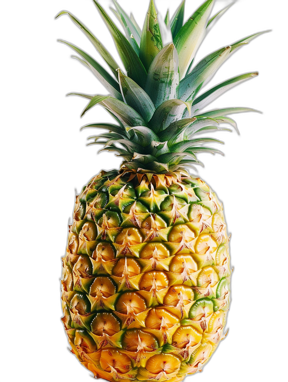 A pineapple, front view, on a black background, in a high resolution photograph.