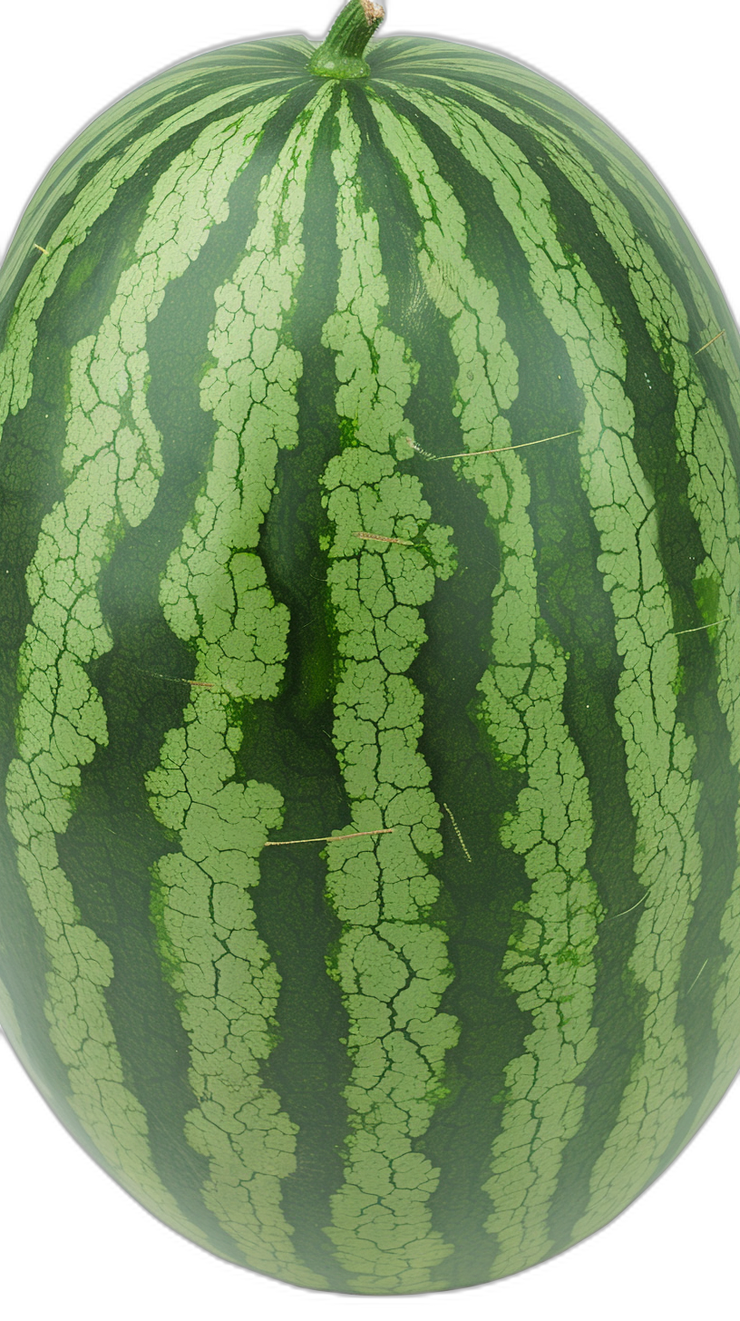 A watermelon with a green rind featuring vertical stripes, the large round fruit captured in high definition photography against a black background, showcasing the detailed texture and natural colors of each stripe with a closeup perspective that highlights their intricate patterns, creating an attractive visual composition for commercial use. The focus is on the fruit.