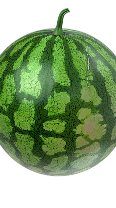 A watermelon with green skin, on a black background without shadow, rendered in the style of Cinema4D with realistic rendering details, a round shape, hard surface modeling, and high resolution.