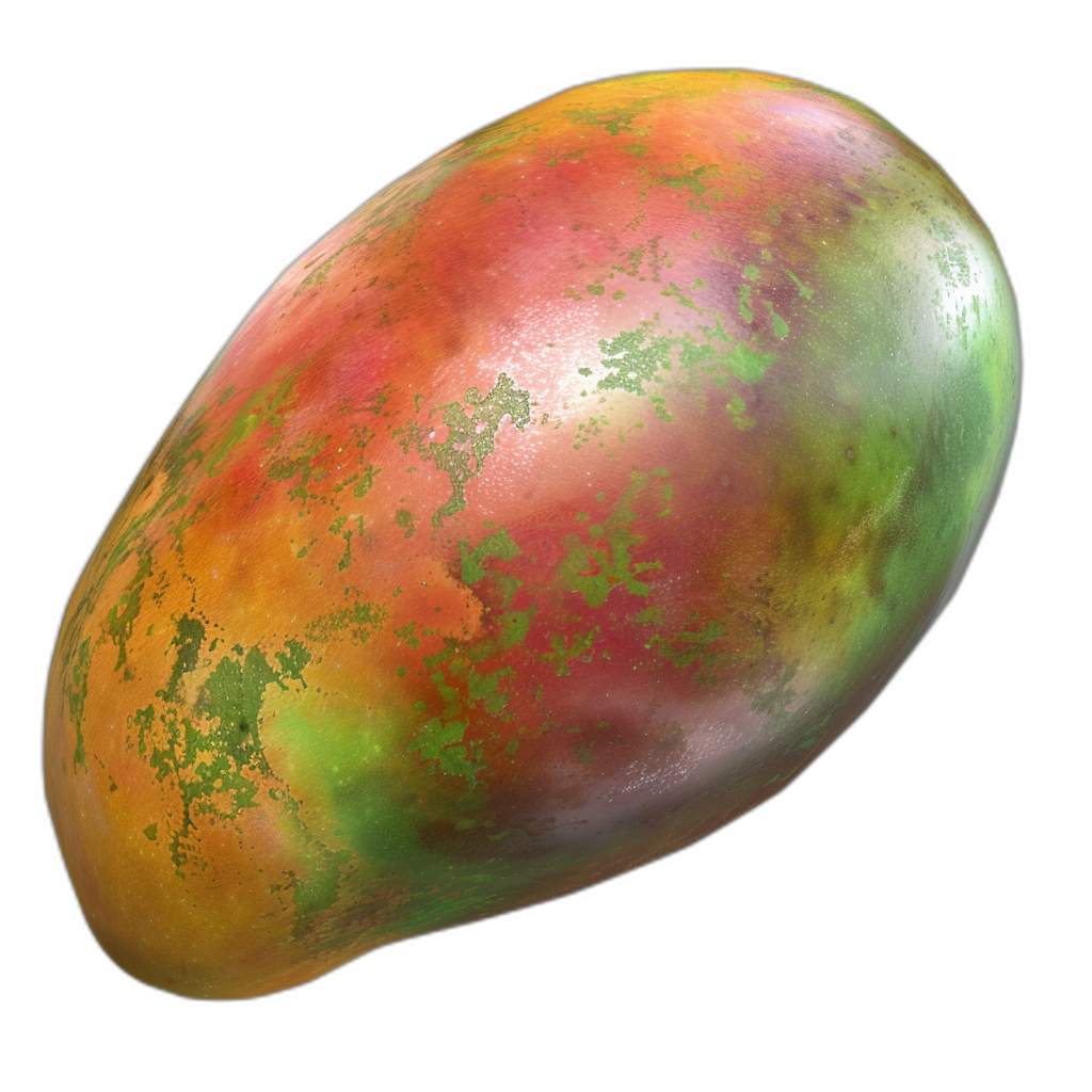 mango, vibrant color with some green and red speckles, highly detailed, photorealistic, on black background, in the shape of an egg, smooth texture