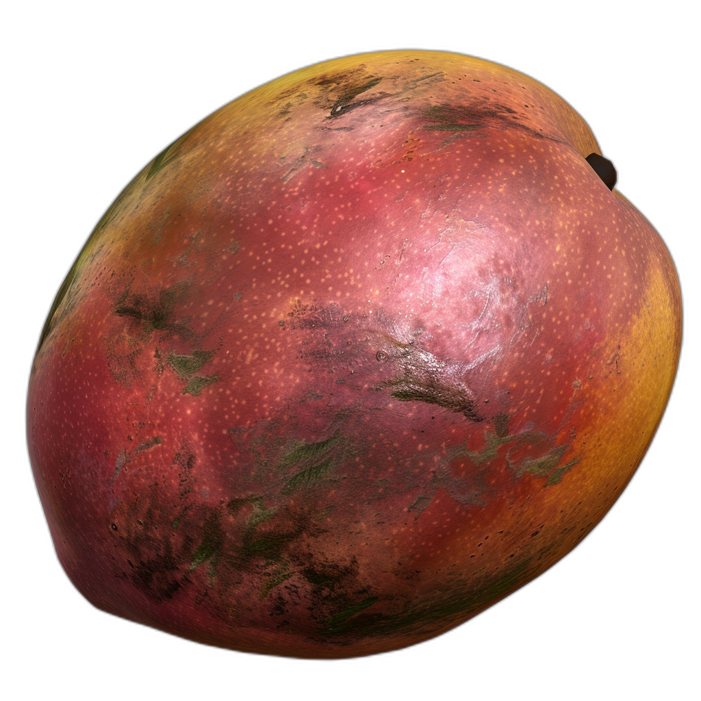 A mango with some scars on its surface, rendered in Octane Render against a black background. It has a red and yellow coloration. The fruit is not cut open but instead sits whole. There is no lighting in the scene, which gives it an eerie appearance. The texture of the skin appears to be bumpy and textured. A small amount of rust or greenish stains can also be seen scattered across parts of its exterior.