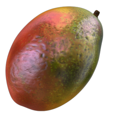 A mango with skin that is yellow and red, with some green spots on the surface, rendered in the style of a 3D render with an isolated black background, for an ultra realistic effect.