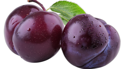 Black background, two plums with water droplets on them, green leaves on the side of one plum, closeup photography, high definition photography, super realistic and ultradetailed photography, high resolution. High quality, high detail, high resolution, high picture. Black background, two purple prunes with small dewdrops, green leaf on other isloated in white background.