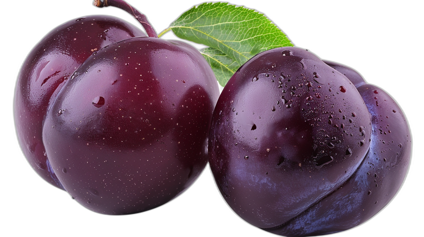 Black background, two plums with water droplets on them, green leaves on the side of one plum, closeup photography, high definition photography, super realistic and ultradetailed photography, high resolution. High quality, high detail, high resolution, high picture. Black background, two purple prunes with small dewdrops, green leaf on other isloated in white background.