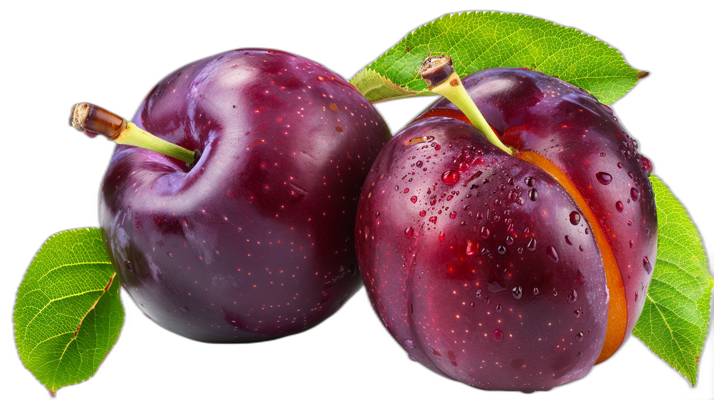 two fresh and delicious looking purple plums with leaves on isolated black background, high resolution photography