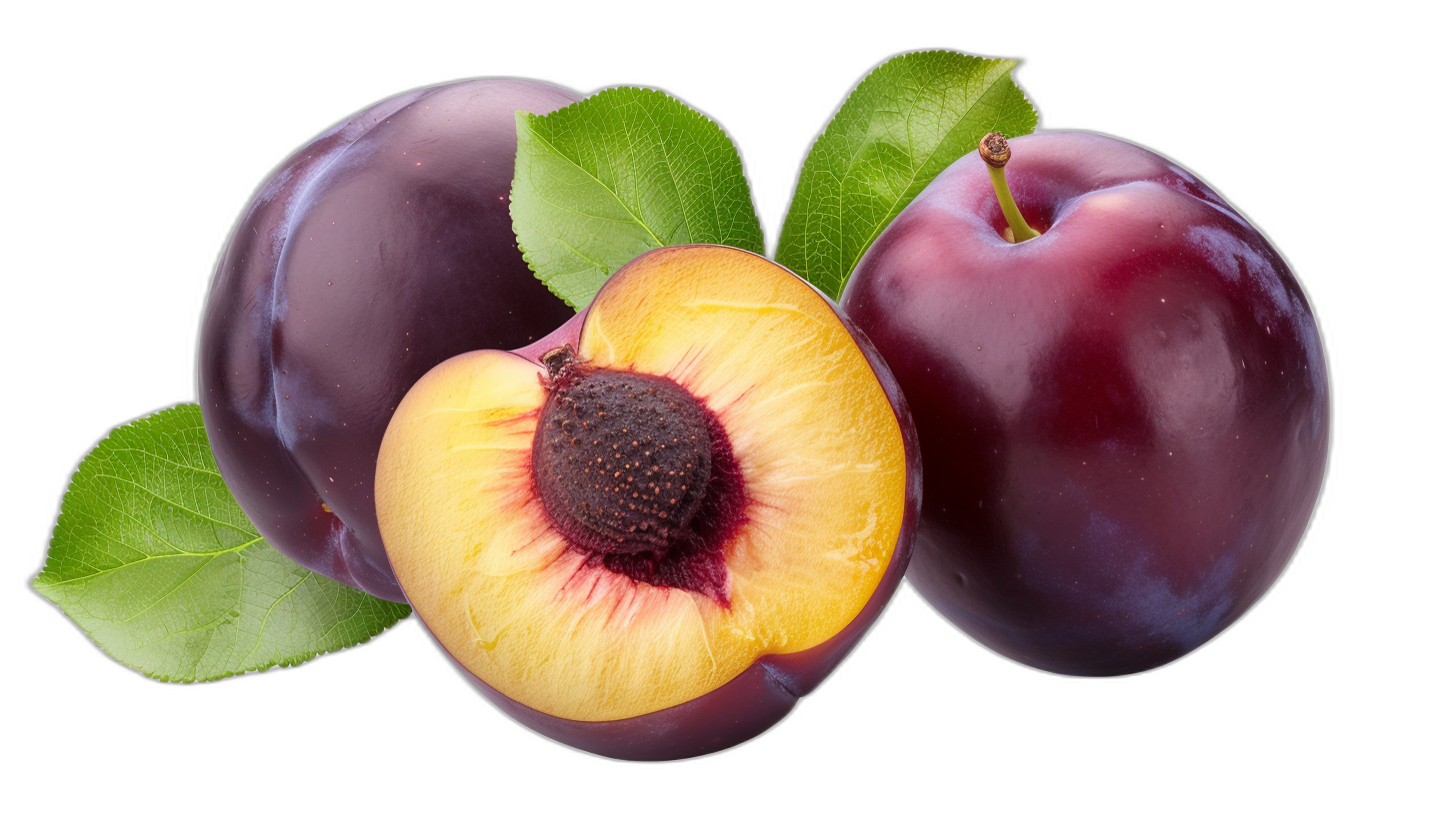 A realistic advertising photo of two whole plums and one plum half with leaves on the side, vibrant purple color against black background, high resolution, high detail,