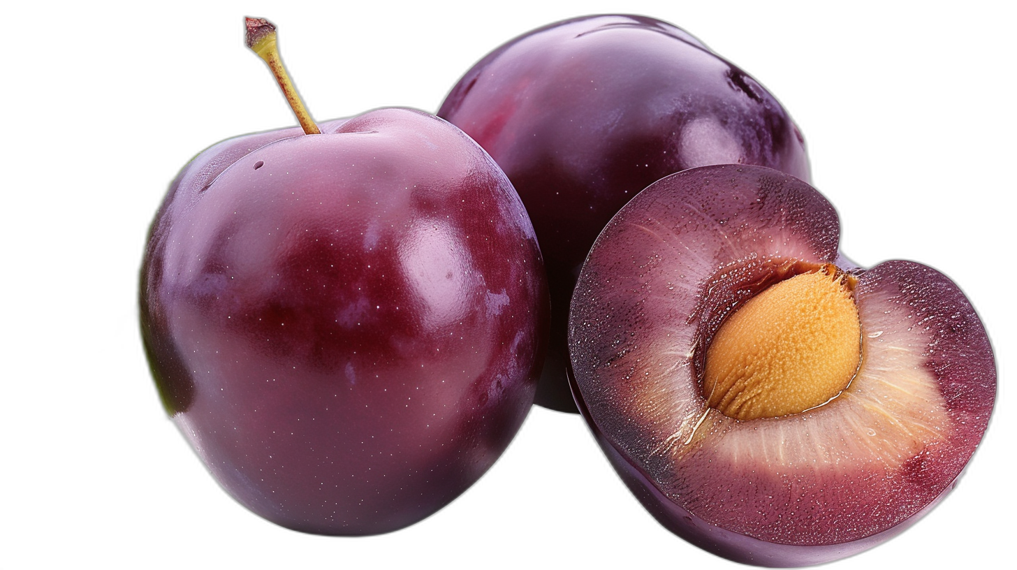 M Lupine Purple plums isolated on black background cut out of shape, hyper realistic photography