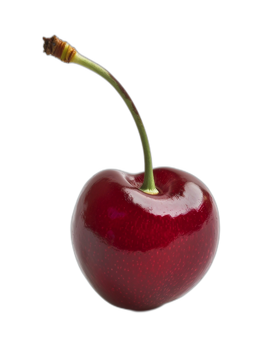 One cherry on a black background in the style of hyper realistic, high resolution photography.