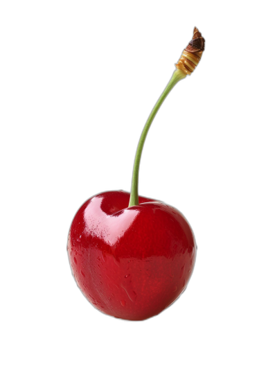 cherry floating in a black background, studio photography, high resolution, hyper realistic, high contrast, high details, product photo, sharp focus, no shadows, no reflections, no borders, isolated on the edges of the cherry, the cherry is isolated from the background, the cherry appears to be floating in the air, the cherry has a green stem and red color, the cherry looks shiny