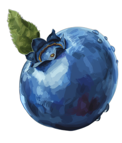 A blueberry with leaf, fantasy character art in the style of dungeons and dragons, digital painting in a cartoon style, brush strokes on a black background in a painterly and stylized digital painting style with brushstrokes.