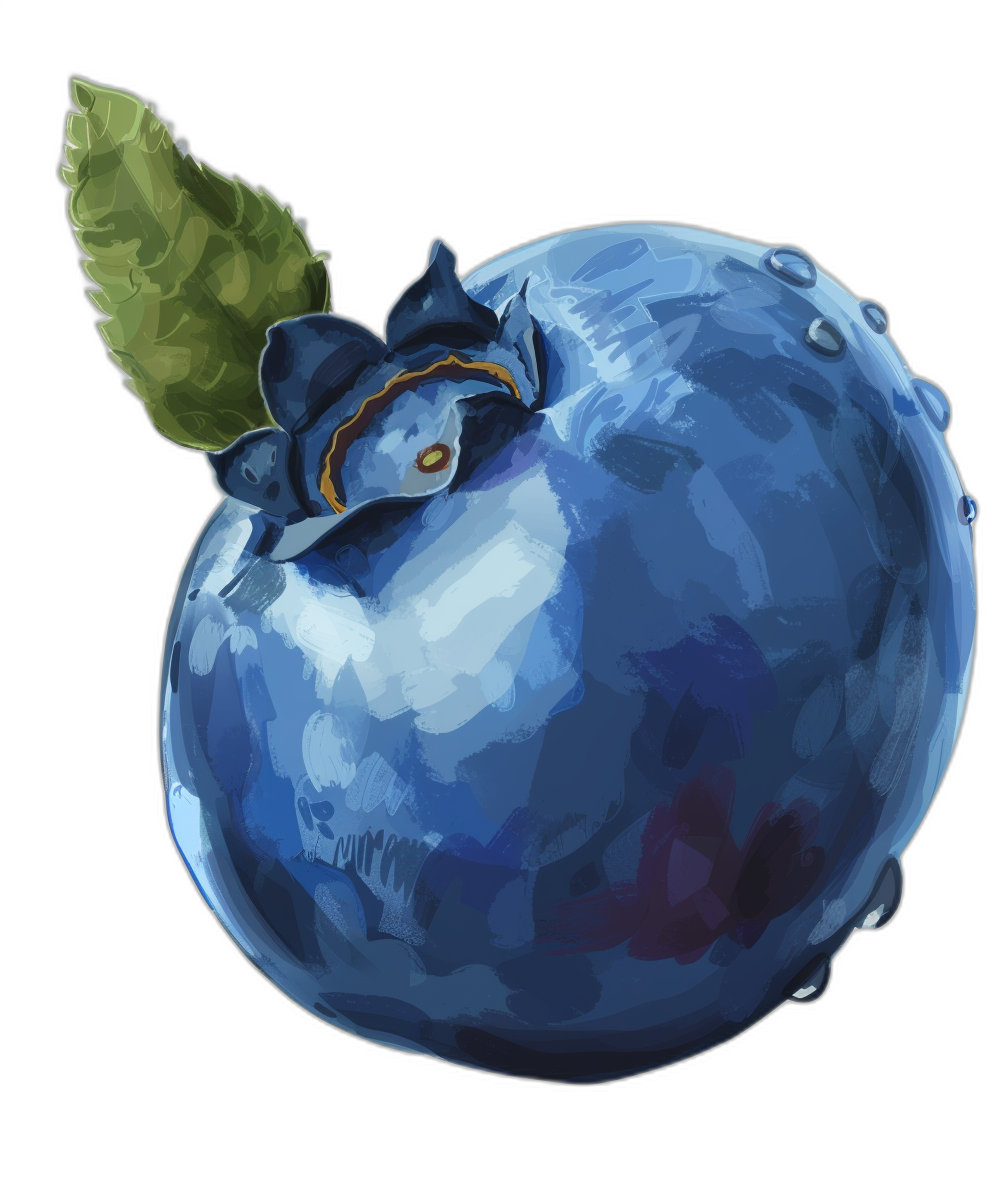 A blueberry with leaf, fantasy character art in the style of dungeons and dragons, digital painting in a cartoon style, brush strokes on a black background in a painterly and stylized digital painting style with brushstrokes.