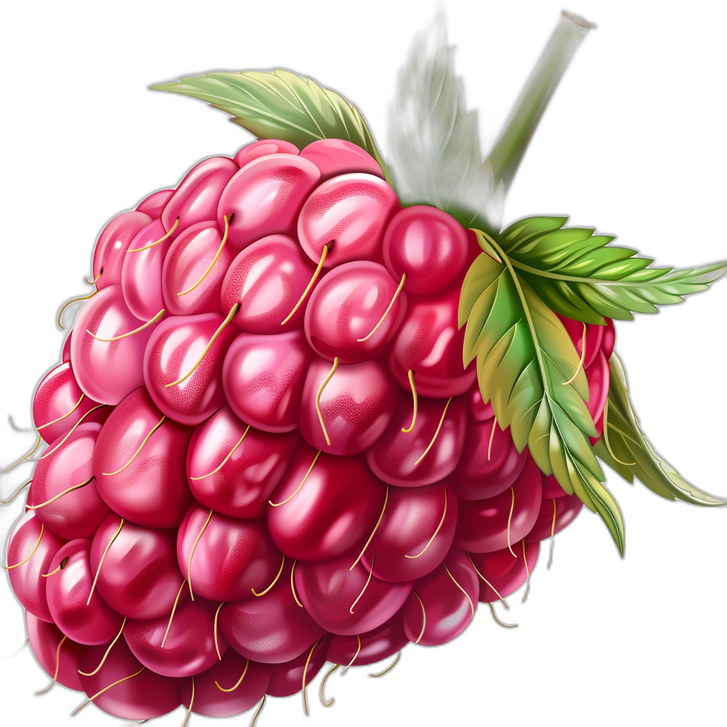 A beautiful raspberry with leaves, detailed illustration, closeup, on black background, digital art by Pixar and Disney