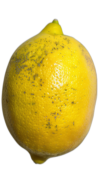 A lemon with detailed skin texture, yellow color, black background, in the style of hyper realistic photography