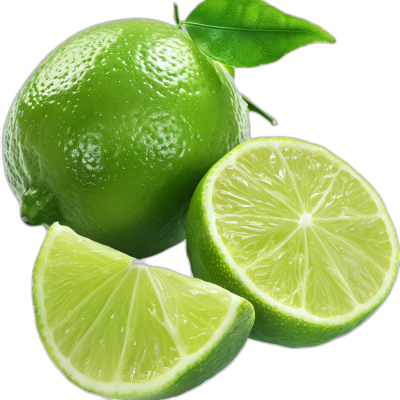 A realistic photo of fresh lime, whole and sliced, isolated on a black background, in the style of high resolution photography, with high details, high quality, high sharpness, and high focus, high definition.