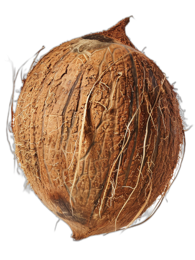 A coconut with its skin and core visible, highly detailed, on a black background, viewed from the top, with macro photography, texture, high resolution, high definition, in the style of top view, macro photography.