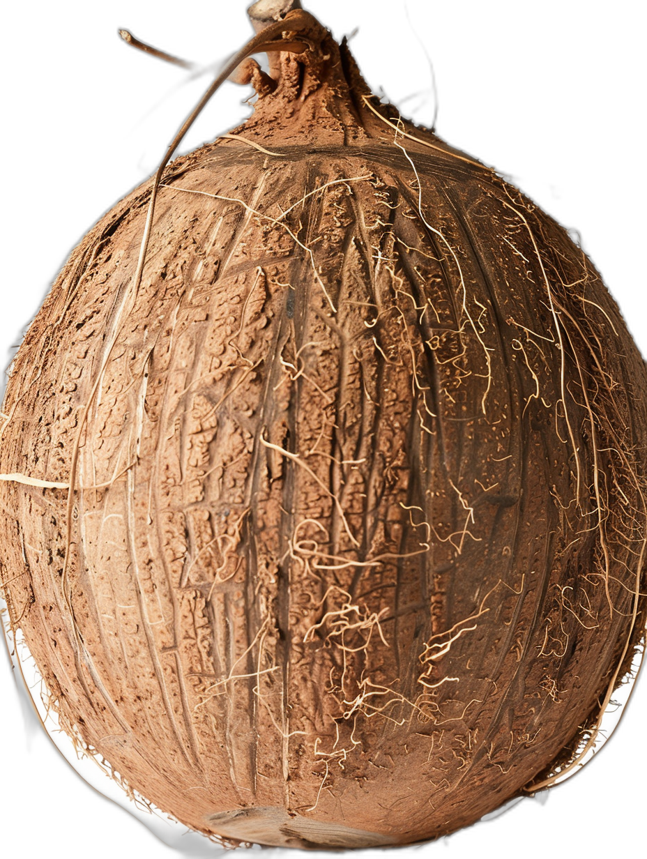 A coconut with a detailed internal structure, a closeup of the inside showing rich brown and beige colors, detailed roots visible in its center, against a black background, high resolution photography.