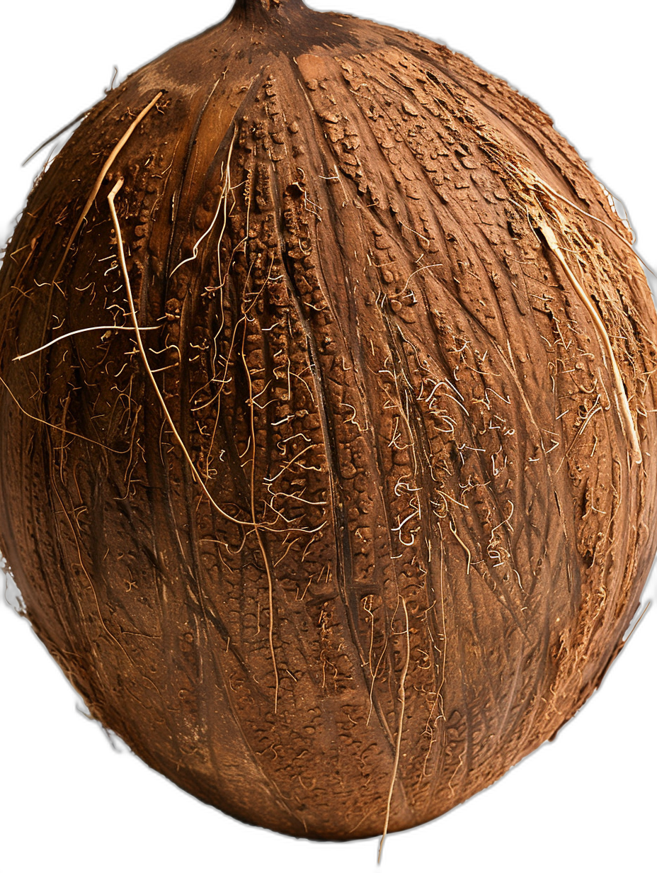 A coconut with detailed patterns and textures, isolated on a black background, macro photography focusing on texture, with a macro lens and studio lighting, photorealistic in the style of high resolution.