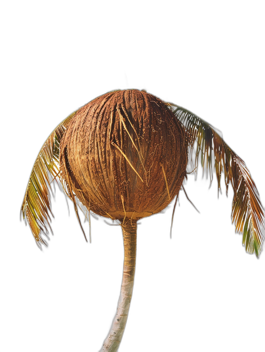 A coconut with two long, thin leaves on the top and bottom, hanging upside down from its head like wings. The coconut is isolated against a black background, with studio photography, high resolution photography, professional color grading, soft shadows, no contrast, clean sharp focus, in the style of a magazine style photoshoot, intricate details, depth of field, shot in a 70mm lens.