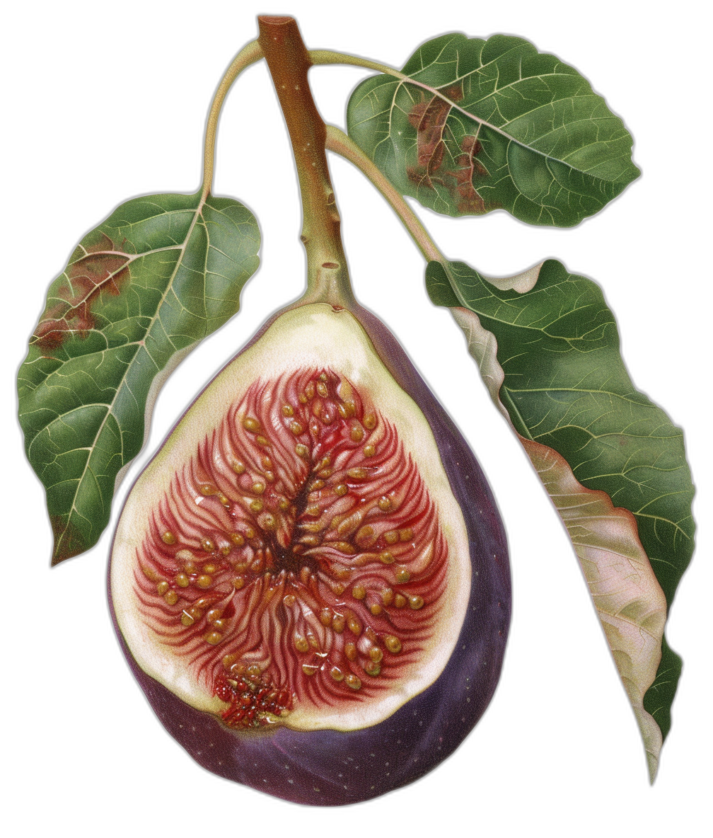 A botanical illustration of an open fig, with the crosssection showing its vibrant purple color and intricate patterns inside. The leaves should be detailed to reflect their unique structure and texture. Set against a black background for contrast.