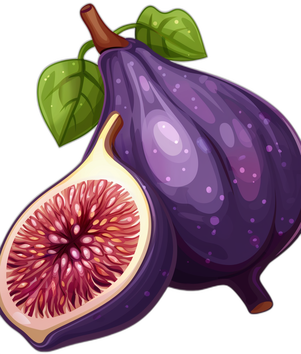 A whole fig and half a fruit, vector illustration in the style of cartoon, purple color, on a black background, high resolution, high quality, high detail, high sharpness, high definition, super realistic, no shading