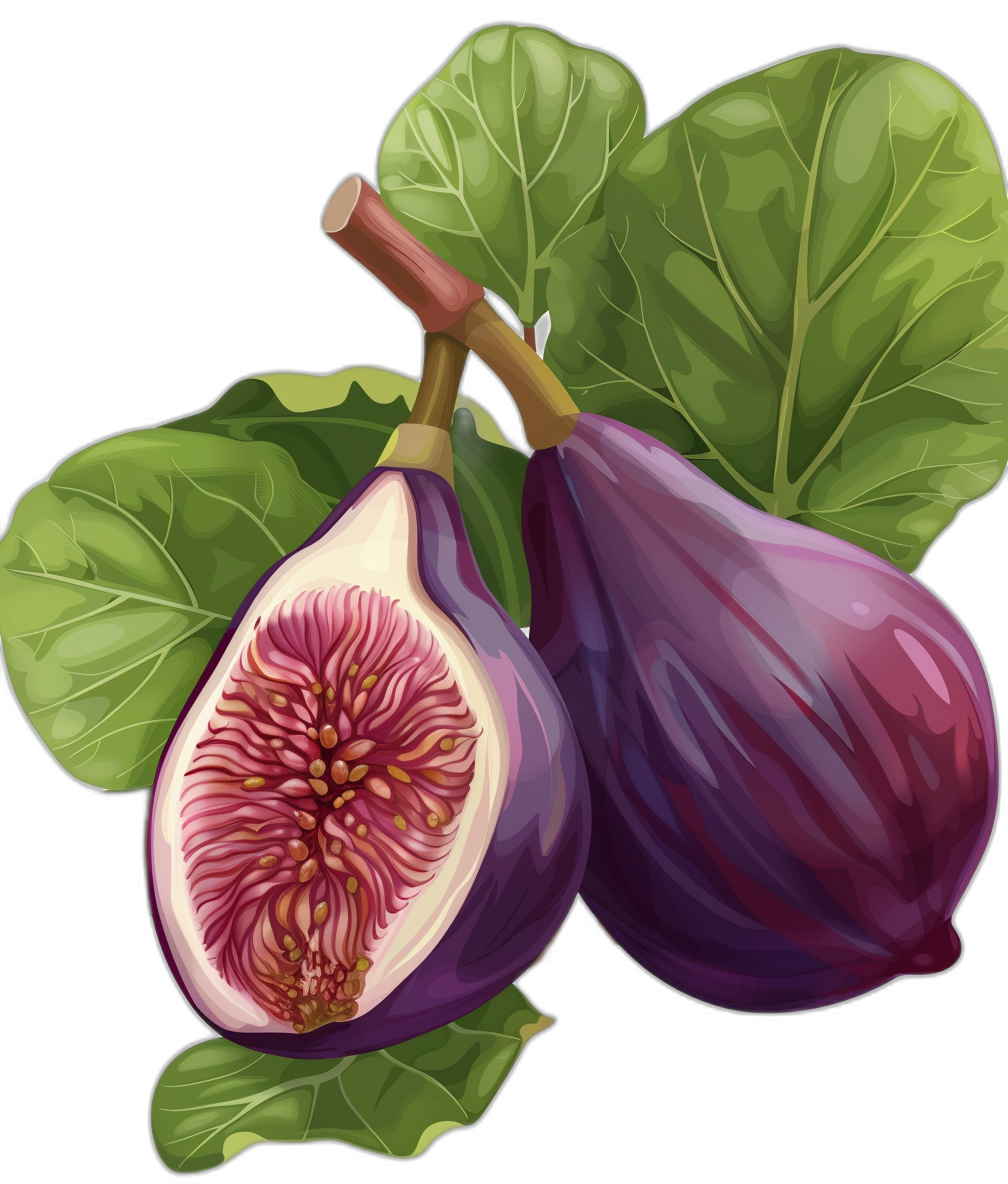 A realistic illustration of figs, whole and sliced with leaves on a black background, vector art in the style of [Thomas W Schaller](https://goo.gl/search?artist%20Thomas%20W%20Schaller), digital painting in the style of [Artgerm](https://goo.gl/search?artist%20Artgerm), high resolution