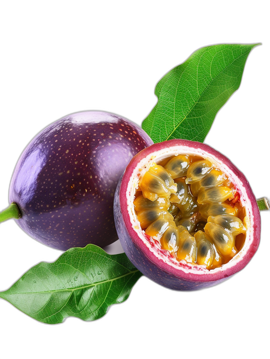 Pacham forbidden passion purple in half with green leaves and whole on black background. The texture of the skin is clear, juicy, glossy, fresh, juicy passion fruit with yellow seeds inside. A highquality photo taken at an angle from above. High resolution, detailed photography. Ultra sharp focus, hyperrealistic. Black isolated background.