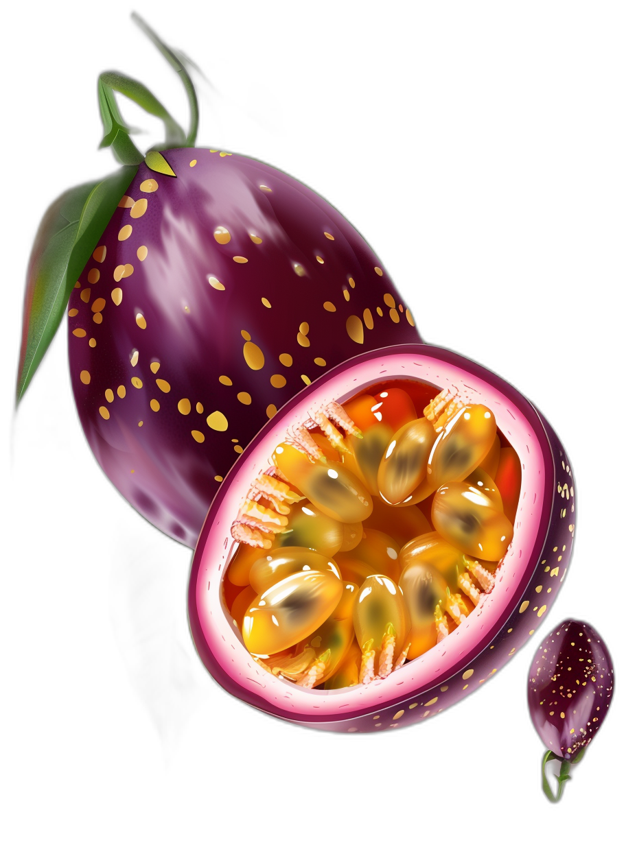 illustration of passion fruit in the style of digital painting, cut open to reveal its juicy seeds and vibrant purple color on black background