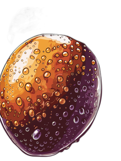 vector graphics, cartoon style, bubbles of soda on the surface of an eggshaped fruit in orange and purple colors, on black background, low detail