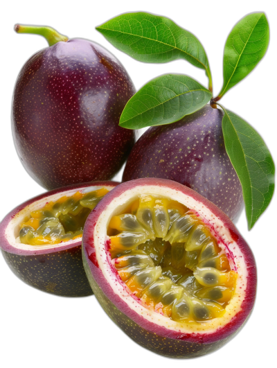 Fruit passion fruit whole and cut in half with leaves on black background