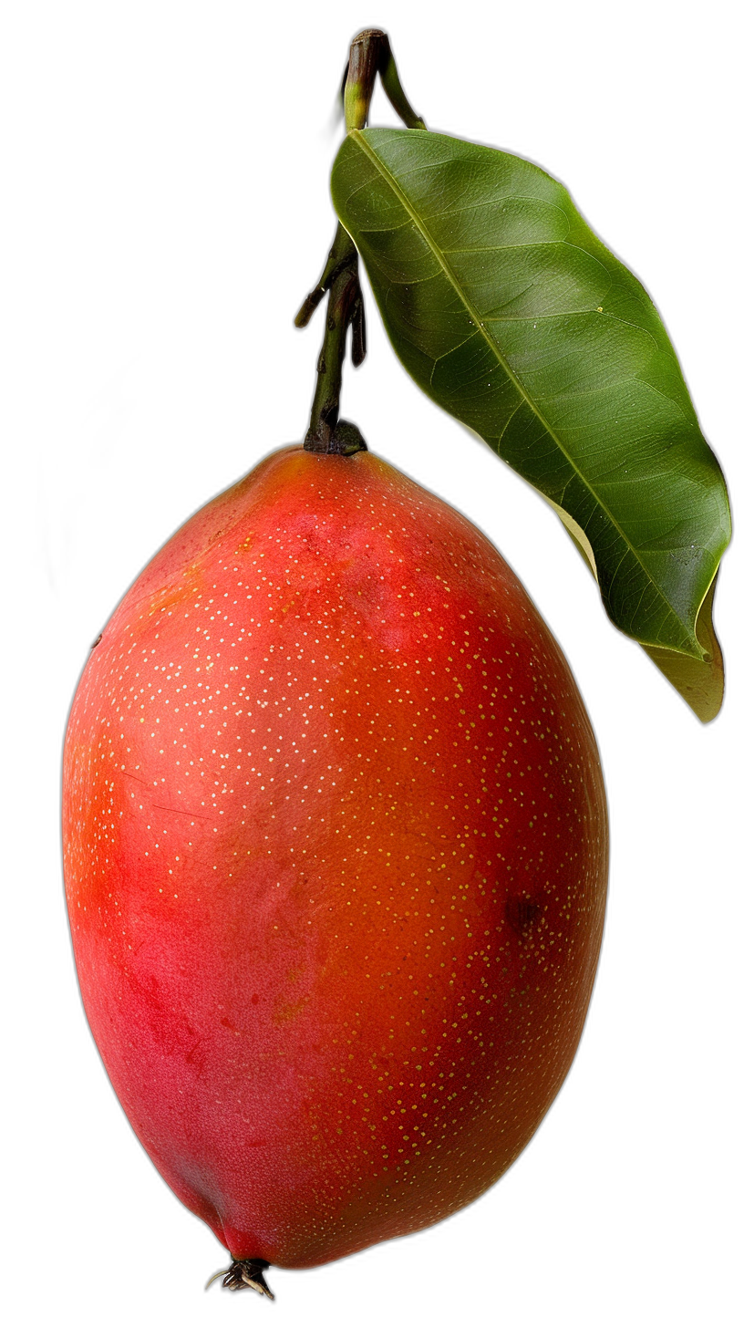 A realistic photograph of an oversized mango with its leaves attached, hanging from the top on a black background. The bright red mango has delicate yellow spots along its skin. There should be no shadows in the photo to highlight every detail of texture and color. This presentation style would make for a visually appealing wallpaper or poster design in the style of minimal editing of the original text.