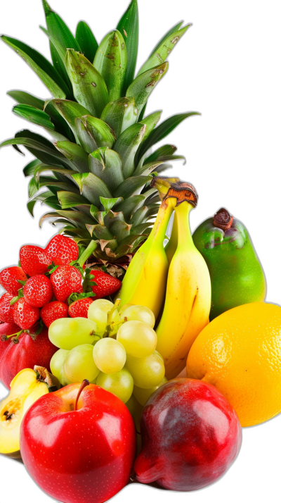 Fruit photography, fresh and colorful fruits with pineapple at the top, various types of fruit in front including green grapes, red apples, bananas, oranges and strawberries, black background, high resolution, high quality, realistic in the style of hyperrealism, detailed, high definition.