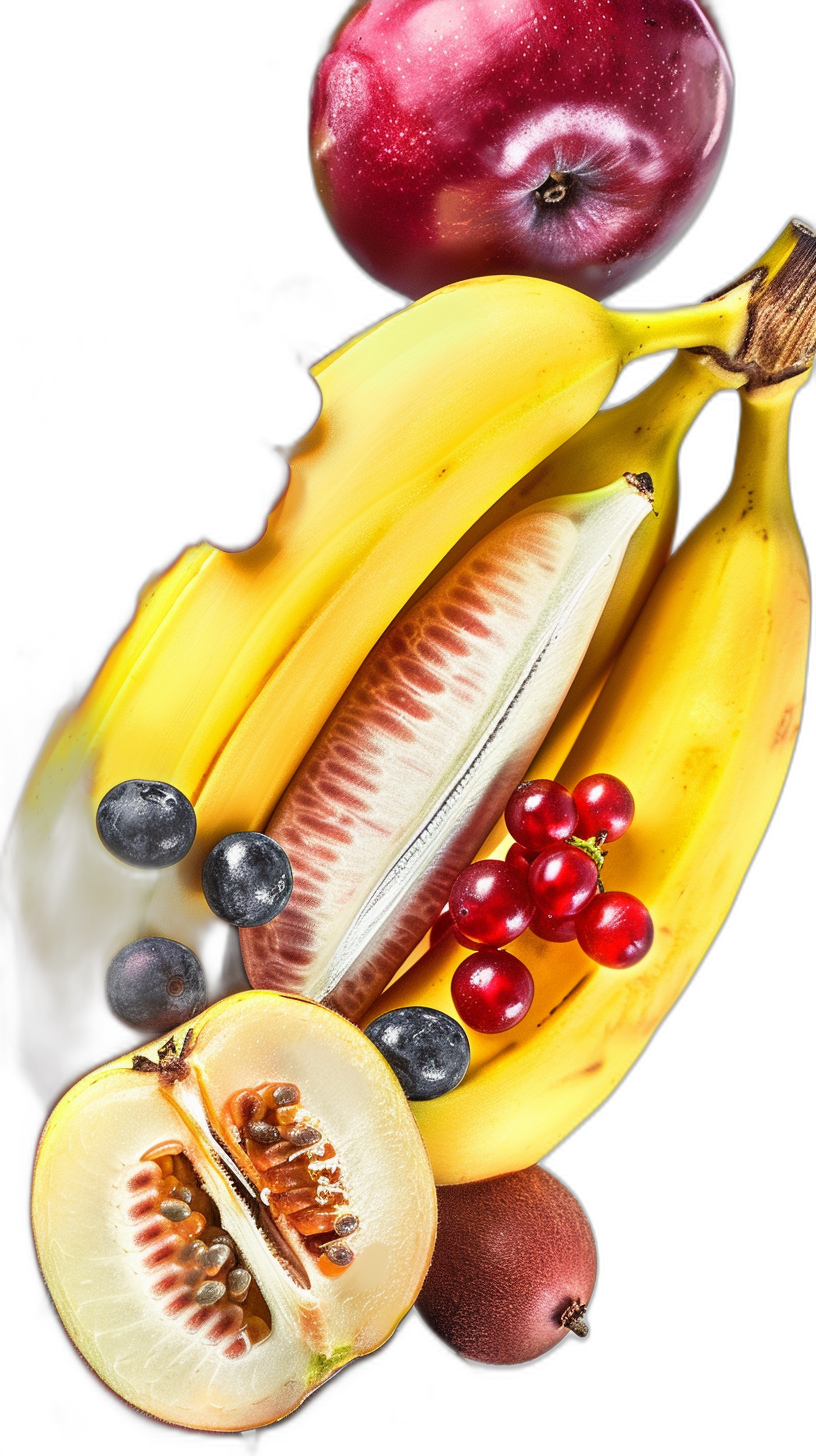 Photography of a banana, apple and melon, with blueberries and red berries, on a black background, top view, closeup, macro photography, bright colors, saturated contrast, high resolution, detailed focus, advertising photo, high definition.