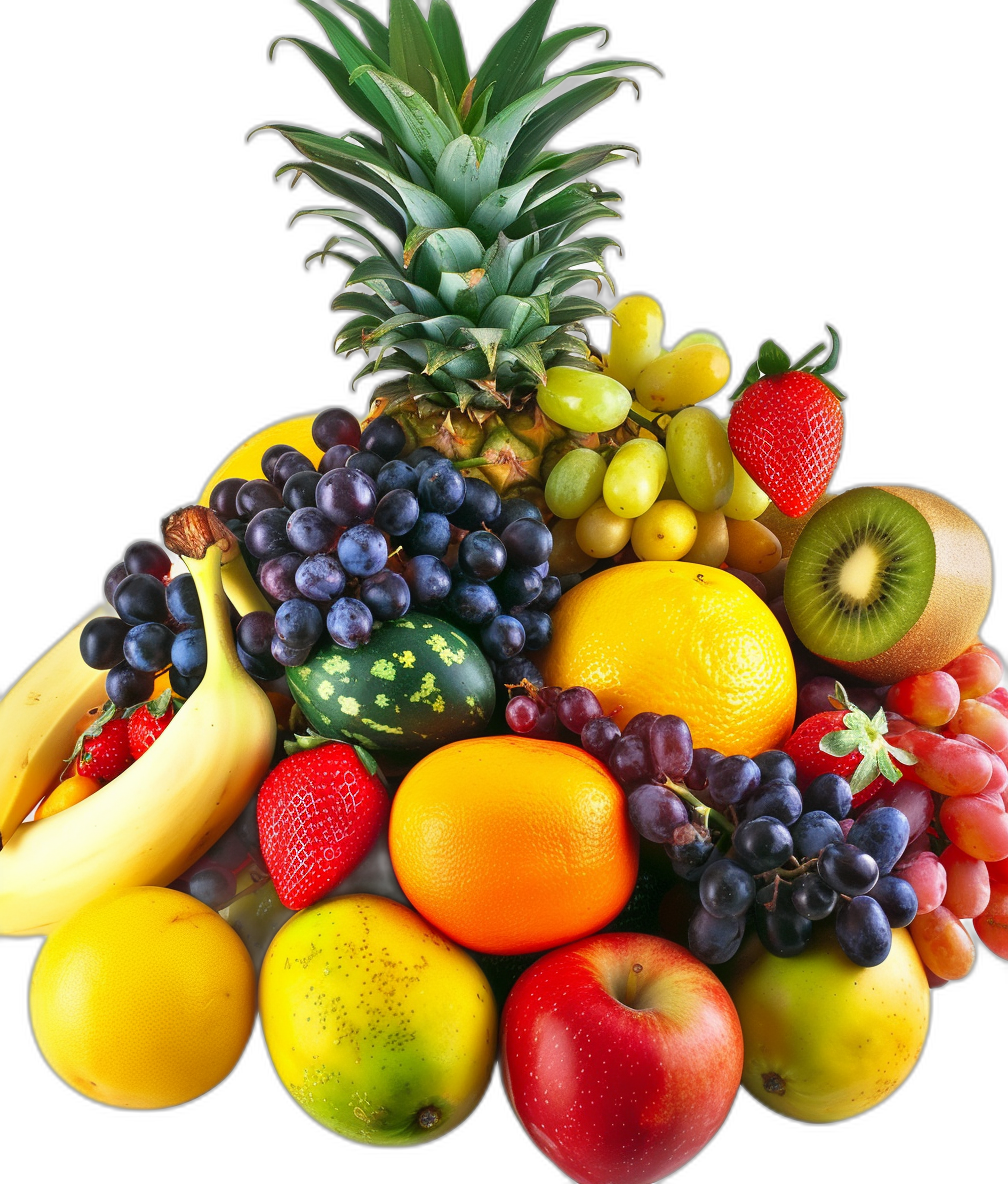 A pile of colorful fruits, such as apples and bananas, arranged in the shape of a mountain with pineapple at its peak, surrounded by grapes, oranges, strawberries, kiwi fruit, and watermelon against a black background. The image is high resolution, high quality, and highly detailed in the style of hyper realistic art.