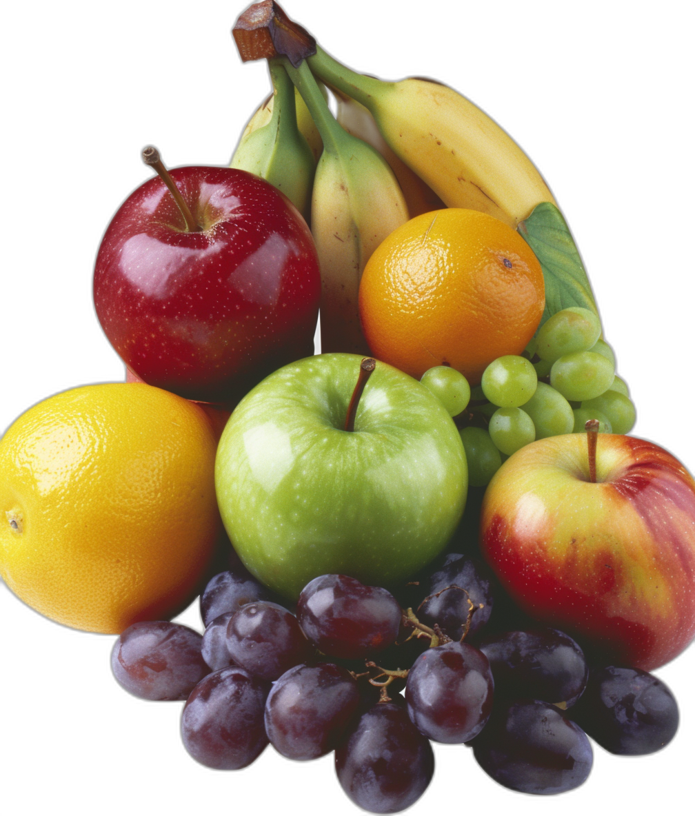 A pile of fruit including apples and bananas surrounded by grapes and oranges on a black background with photorealistic techniques and hyperdetailed illustrations. The fruit features a green apple, yellow banana, red orange and purple grape in a closeup view with bright colors, high resolution, high detail and sharp focus without any blur effect. The style is reminiscent of photorealistic still life paintings.