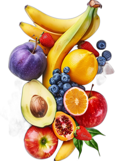 Fruit, banana, orange, apple, blueberry, pomegranate and avocado, on black background, hyper realistic photography