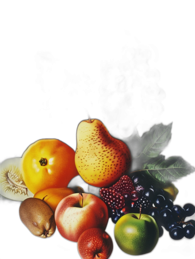 A painting of various fruits on a black background, in the style of [John Crome](https://goo.gl/search?artist%20John%20Crome) and Thomas Daddo, high resolution, hyper realistic, detailed, oil paint, octane render, isolated on the left side, with a dark gradient in the background, low contrast