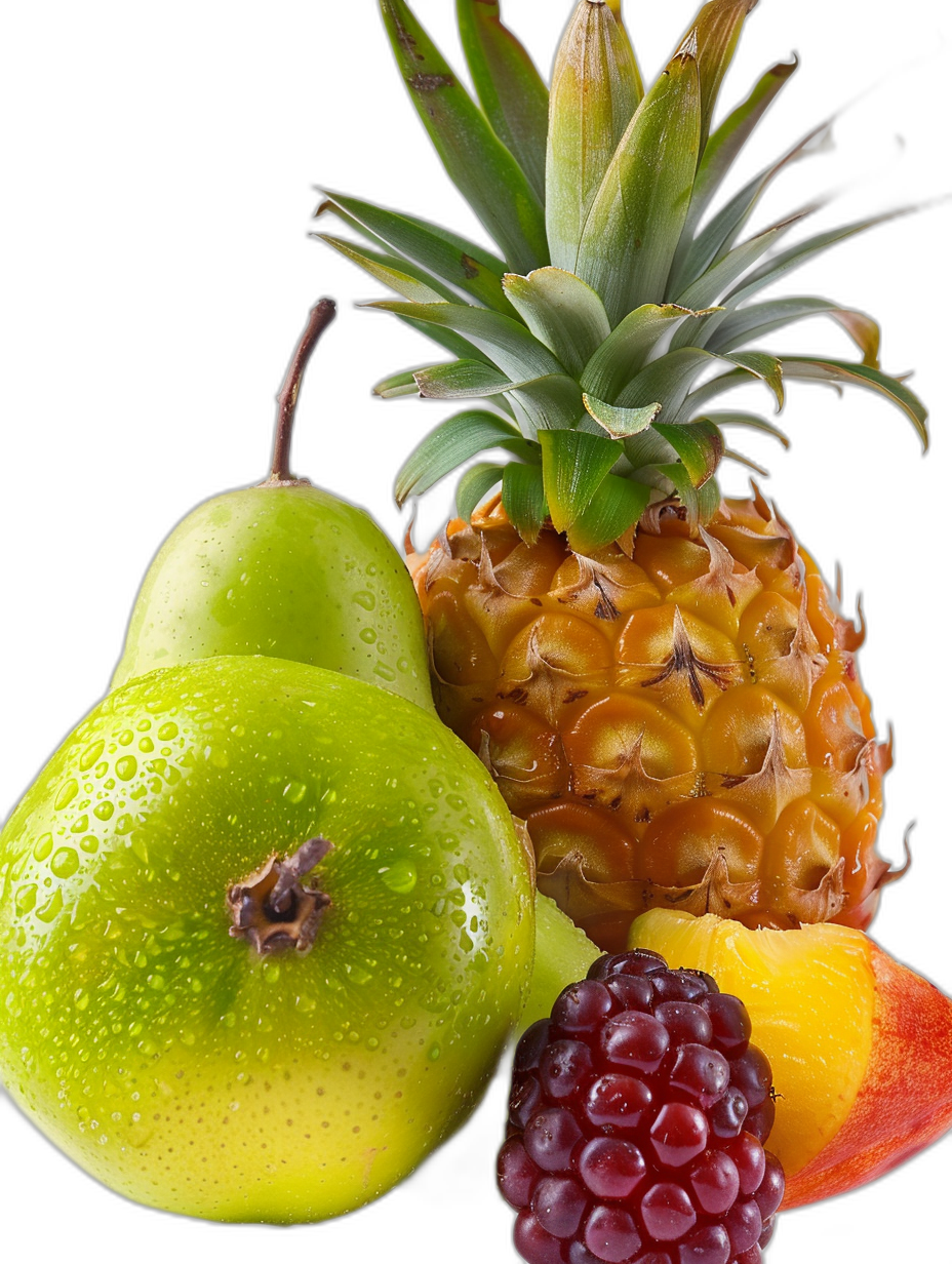 Close up photo of fruit with a green pear, pineapple and blackberry on the side, black background, hyper realistic photography in the style of unknown artist.