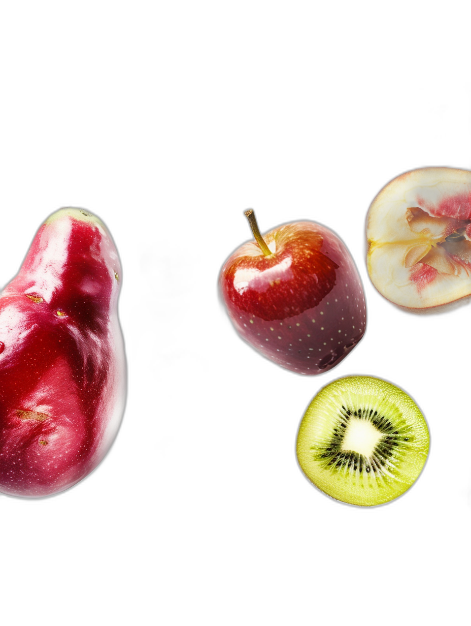 Fruit photography, apple and kiwi floating in the air, solid black background, closeup, still life photography, advertising style, high saturation, saturated colors, natural light, soft shadows, and rich details.