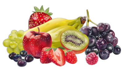 Fruit illustration, banana and apple with strawberries, kiwi fruit, grapes, black background, high resolution