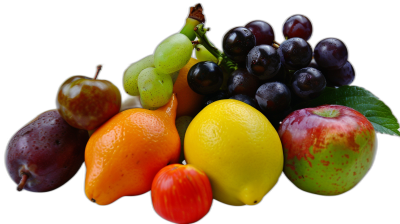 A photo of various fruits, including an orange and lemon, arranged on top of each other against a black background. The red apple has green leaves, the bunch of grapes are dark purple, while one banana adds color to the composition.